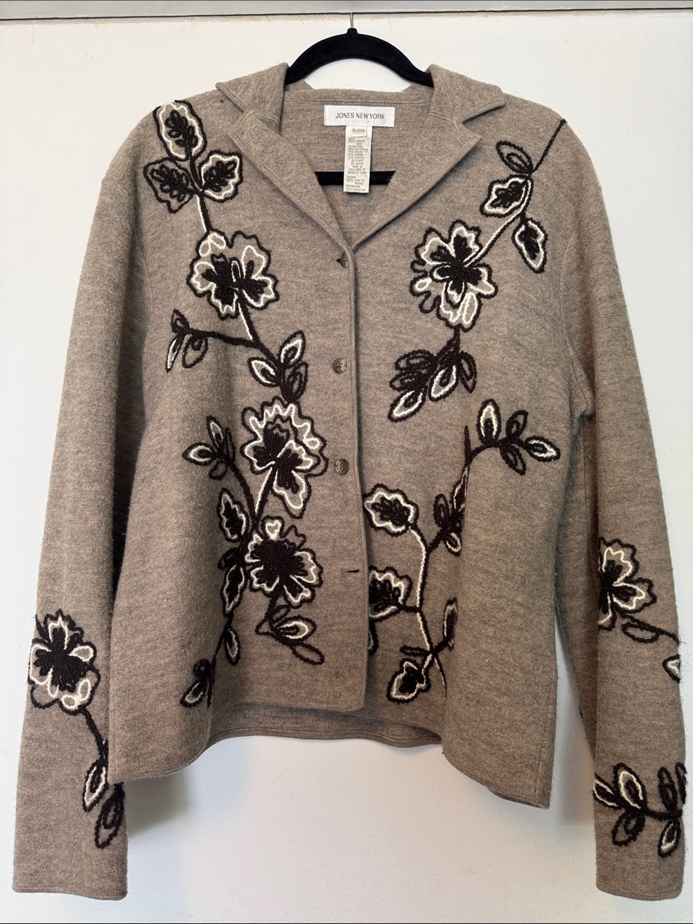 Jones New York Merino Wool Gray, Black and White Floral Button-Up Cardigan